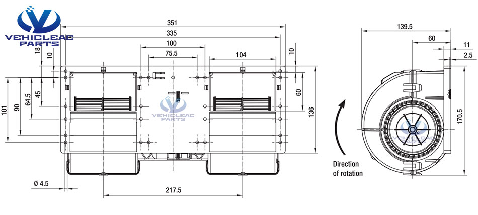 EBM-Papst K3G097-AK34-65, blower for Carrier Sutrak (Eberspacher) Bus Air Conditioner Drawing and Size 