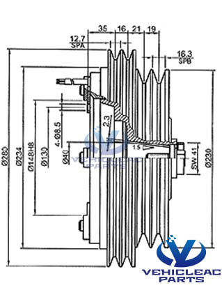 BK 2A2B 280 230 Electromagnetic Clutches Drawing, used for Bus Air Conditioning 6 Cylinder Compressor BOCK FK 50 555 660 775 830 980 Compressor Clutch, Bitzer 6NFCY, 6UFCY, 6PFCY, 6TFCY Compressor Clutch