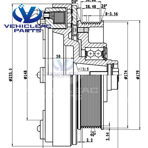 BK 9PK 174 Electromagnetic Clutches Drawing, used for Bus Air Conditioning 6 Cylinder Compressor BOCK FK 50 555 660 775 830 980 Compressor Clutch, Bitzer 6NFCY, 6UFCY, 6PFCY, 6TFCY Compressor Clutch