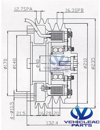 BK 2A2B 235 210WG Electromagnetic Clutches Drawing, used for Bus Air Conditioning BOCK FK 40 390K 560K 650K 470K Compressor Clutch, Bitzer 4N/4P/4T/4UFCY Compressor Clutch