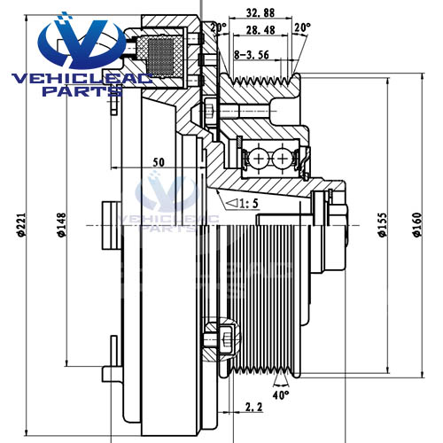 BK 9PK 155 Electromagnetic Clutches Drawing, used for Bus Air Conditioning 4 Cylinder Compressor BOCK FK 40 390K 560K 655K 470K Compressor Clutch, Bitzer 4N/4P/4T/4UFCY Compressor Clutch