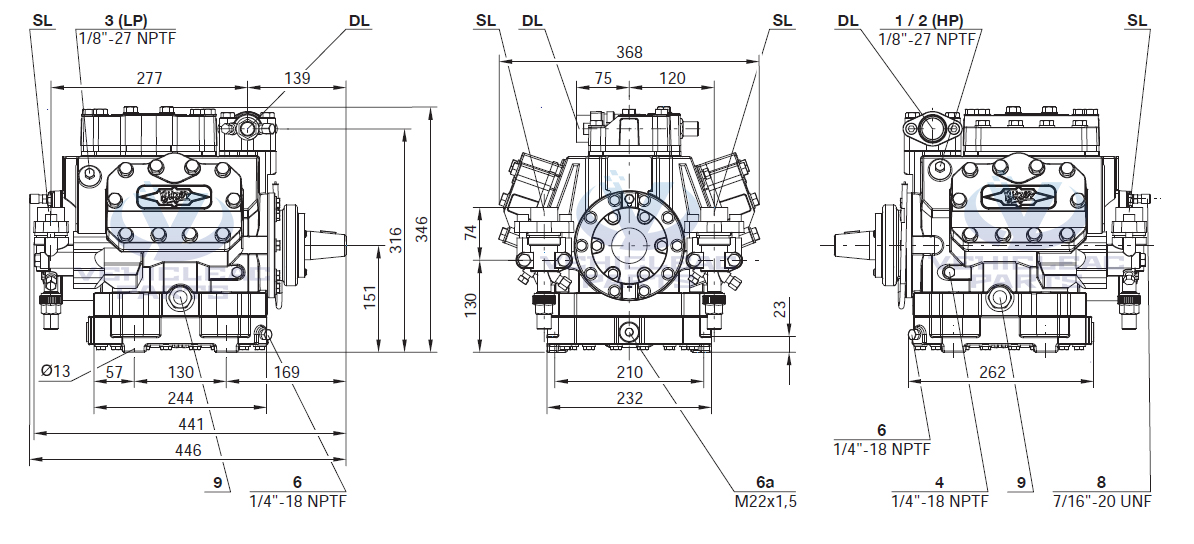 Dimensiona Drawing of Bitzer 6nfcy Compressor for bus air conditioner