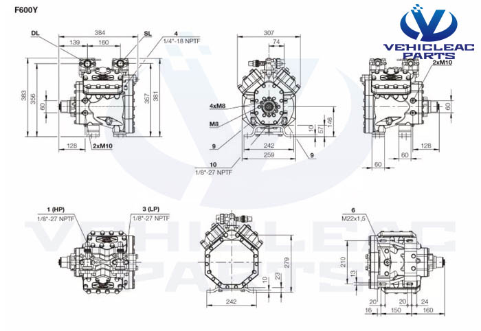 Dimensional Drawing of Bitzer F600Y Compressor in Bus A/C Parts, Bus Air Conditioner Compressor, 