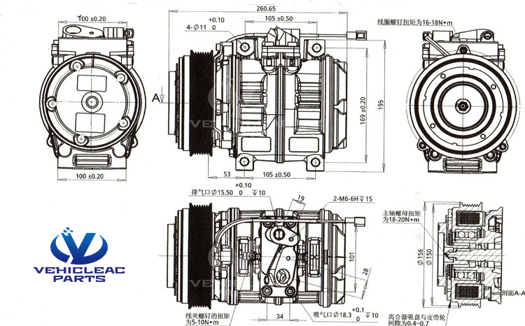 Dimensions and Connections of Denso 10p30c Compressor 