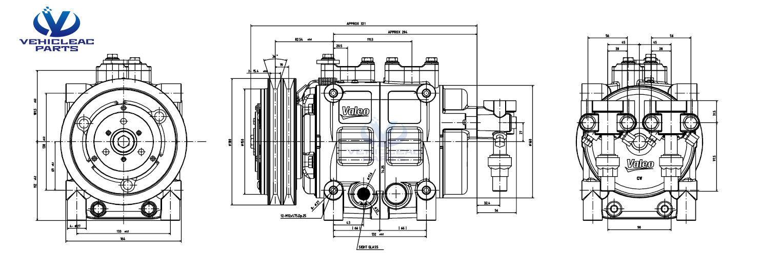 Dimensions and connections of TM43 Compressor - bus air conditioning compressor