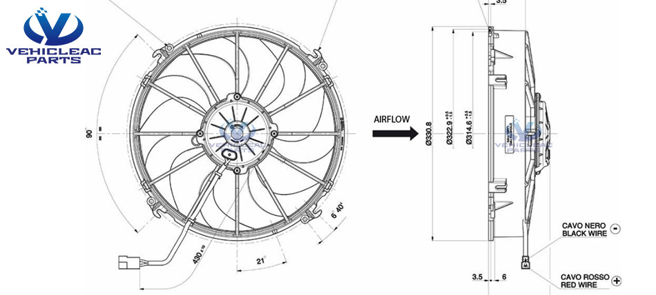 drawing of Spal VA01-BP70/LL-66A 24v Axial Flow Cooling Fan of Bus air conditioner condenser Fan - VehicleACParts