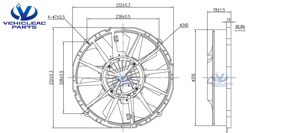 drawing of Chinese brushless VA113-BBL506P/N-94A 24v Axial Flow Cooling Fan of Bus Engine Water Tank Radiator Fan - VehicleACParts