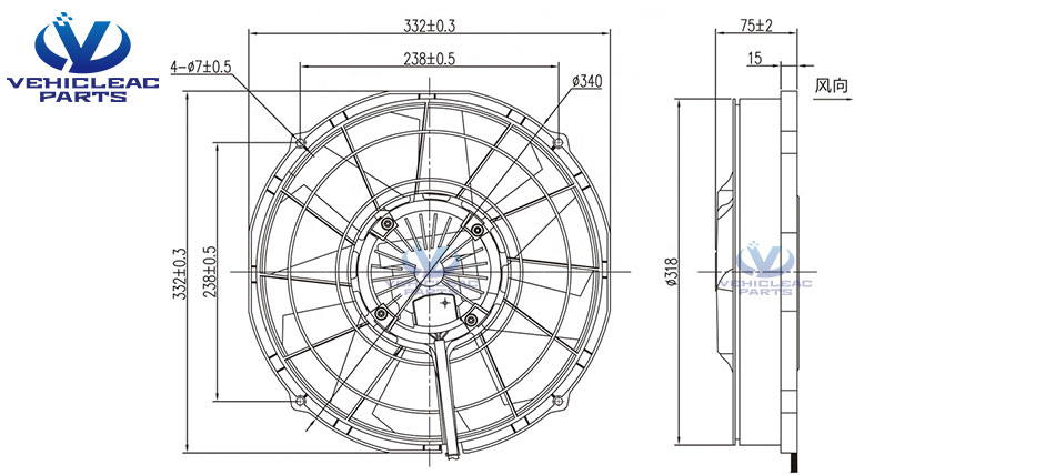 drawing of Chinese brushless VA89-BBL343P/N-94A 24v Axial Flow Cooling Fan of All-electric bus air conditioner condenser Fan - VehicleACParts