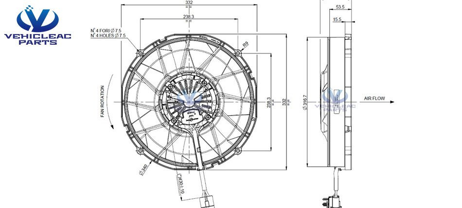 drawing of Spal brushless VA89-BBL342P/N-94A 24v Axial Flow Cooling Fan of Bus Engine Water Tank Radiator Fan - VehicleACParts