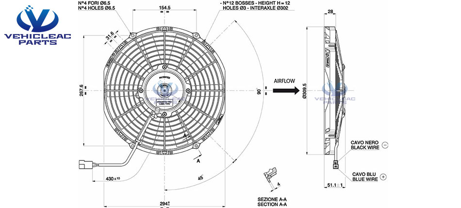 drawing of Spal VA09-BP12-/C-27A 24v Axial Flow Cooling Fan of Bus Engine Water Tank Radiator Fan - VehicleACParts