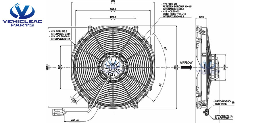 drawing of Spal VA33-BP91/VLL-65A 24v Axial Flow Cooling Fan of Bus Engine Water Tank Radiator Fan - VehicleACParts