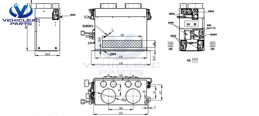 5kw 600v PTC radiator size, High Voltage Electric PTC Defroster drawing mainly used for All-electric Bus