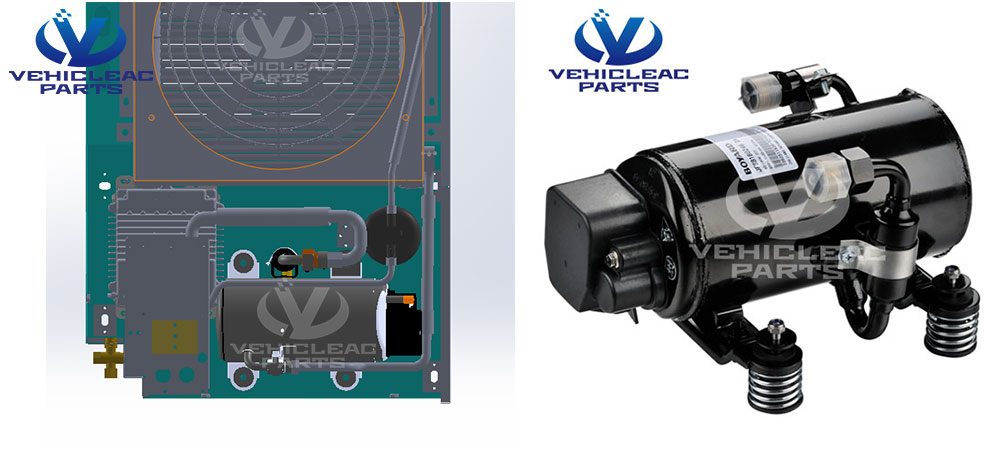 Dimensions and connections of DC24V Parking Air Conditioner Rotary Compressor, dual rotary compressor fixed on the rooftop split truck cabin air conditioner