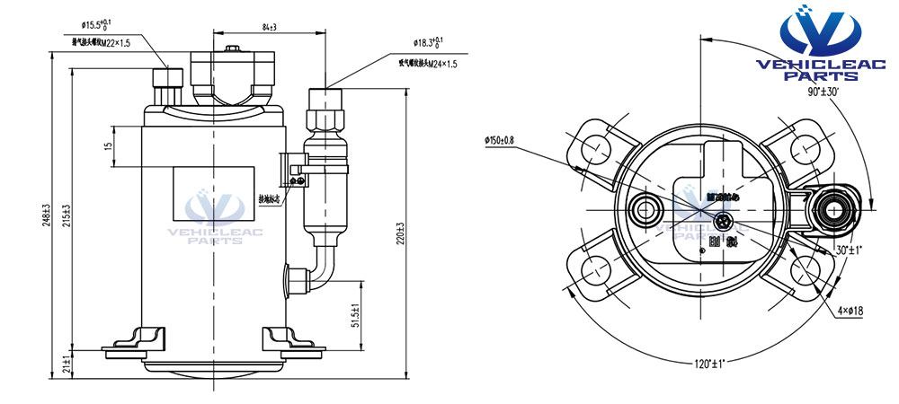 Dimensions and connections of DC24V Parking Air Conditioner Rotary Compressor JVSB150Z24 , rotary compressor fixed on the rooftop split truck cabin air conditioner