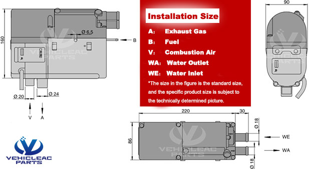 5KW liquid water parking heater installation size