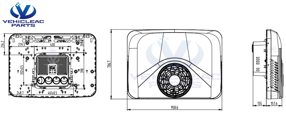 Dimensional Drawing of V-Cool 26 24v integrated rooftop parking Truck Air Conditioner